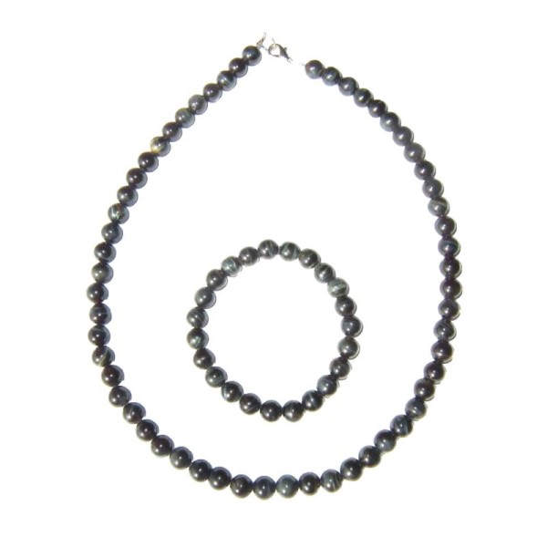 Coffret Oeil de Faucon en perles de 8mm - Bracelet 18cm sans fermoir et Collier 56cm avec Fermoir Or - Photo n°2
