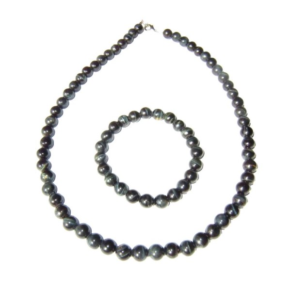 Coffret Oeil de Faucon en perles de 8mm - Bracelet 18cm sans fermoir et Collier 56cm avec Fermoir Or - Photo n°1
