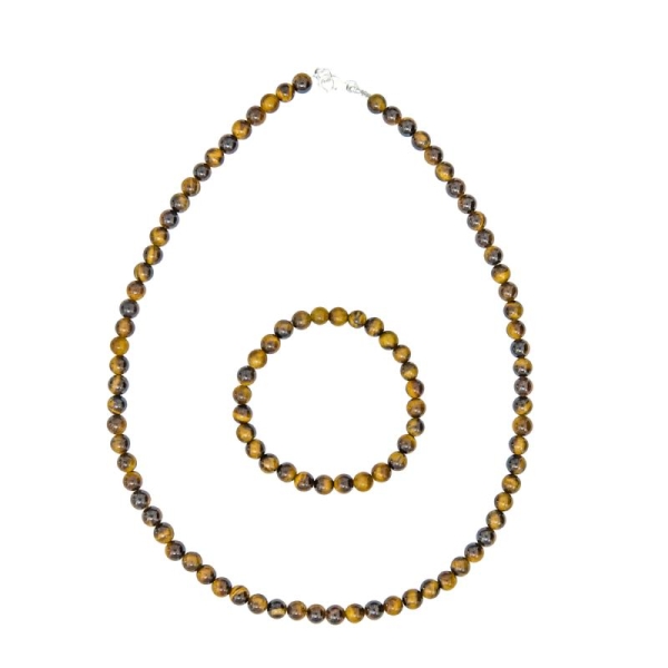 Coffret Oeil de Tigre en perles de 6mm - Bracelet 18cm sans fermoir et Collier 48cm avec Fermoir Or - Photo n°2