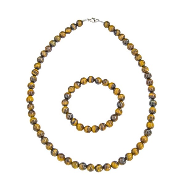 Coffret Oeil de Tigre en perles de 8mm - Bracelet 18cm sans fermoir et Collier 42cm avec Fermoir Or - Photo n°1
