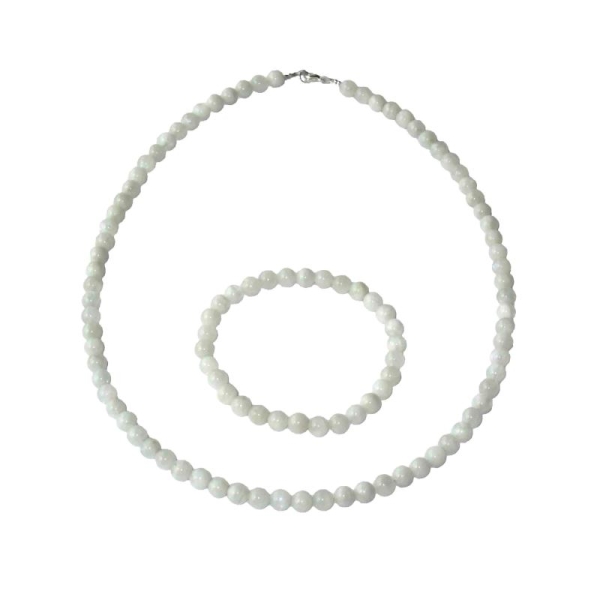 Coffret Pierre de Lune en perles de 6mm - Bracelet 18cm sans fermoir et Collier 42cm avec Fermoir Or - Photo n°1
