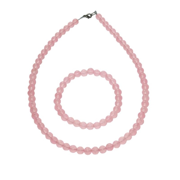 Coffret Quartz rose en perles de 6mm - Bracelet 18cm sans fermoir et Collier 42cm avec Fermoir Or - Photo n°1