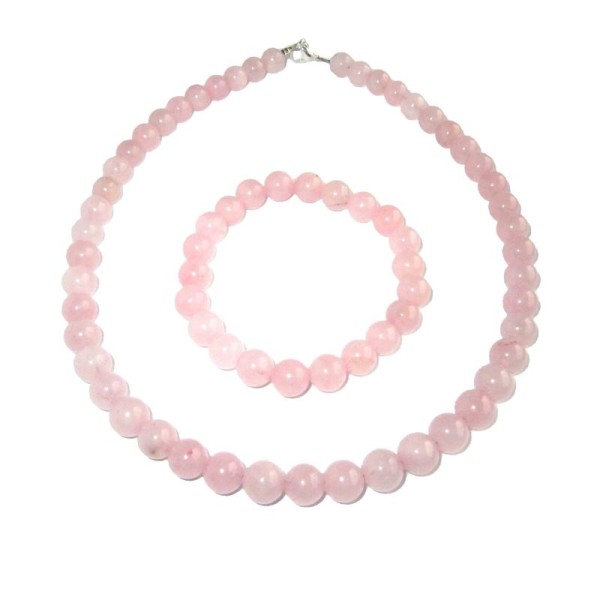 Coffret Quartz rose en perles de 8mm - Bracelet 22cm sans fermoir et Collier 56cm avec Fermoir Or - Photo n°1