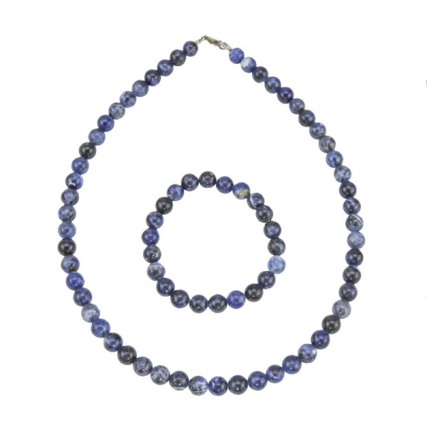 Coffret Sodalite en perles de 8mm - Bracelet 20cm sans fermoir et Collier 100cm avec Fermoir Or - Photo n°1