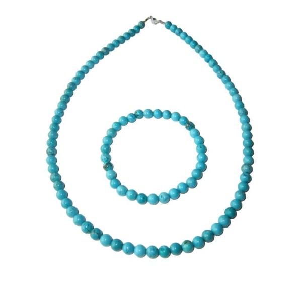 Coffret Turquoise en perles de 6mm - Bracelet 18cm sans fermoir et Collier 100cm avec Fermoir Or - Photo n°1