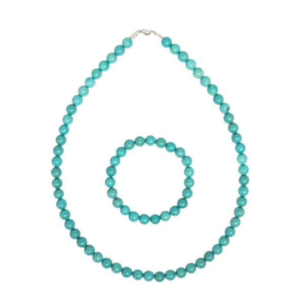 Coffret Turquoise en perles de 8mm - Bracelet 20cm sans fermoir et Collier 42cm avec Fermoir Argent - Photo n°2