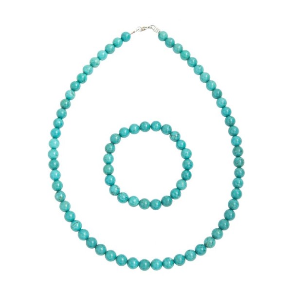 Coffret Turquoise en perles de 8mm - Bracelet 20cm sans fermoir et Collier 42cm avec Fermoir Argent - Photo n°1