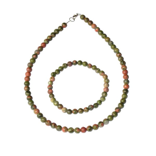Coffret Unakite en perles de 6mm - Bracelet 18cm sans fermoir et Collier 39cm avec Fermoir Argent - Photo n°1