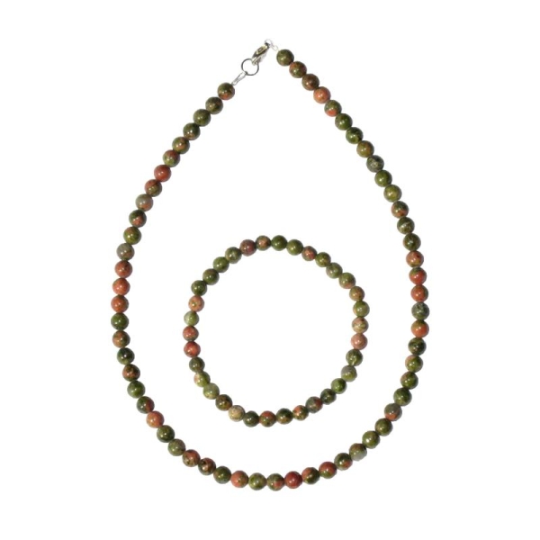 Coffret Unakite en perles de 6mm - Bracelet 18cm sans fermoir et Collier 56cm avec Fermoir Argent - Photo n°2