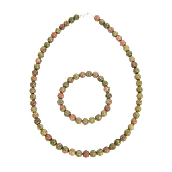 Coffret Unakite en perles de 8mm - Bracelet 18cm sans fermoir et Collier 42cm avec Fermoir Argent - Photo n°1