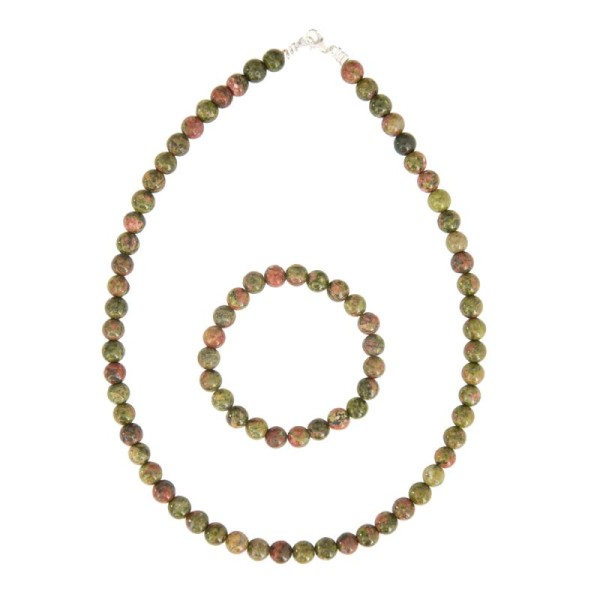 Coffret Unakite en perles de 8mm - Bracelet 20cm sans fermoir et Collier 42cm avec Fermoir Argent - Photo n°2