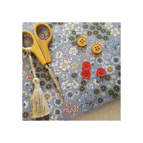Tissu Fleuri 100% Coton, Coloris Bleu-Gris - 10 X 110 cm - Photo n°1