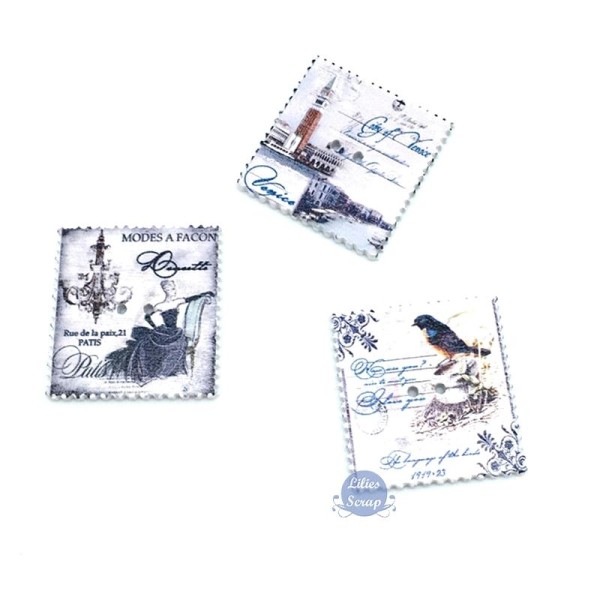 8 Boutons timbres vintage en bois Tour Eiffel France Rome, mode 3,3 cm - Photo n°2