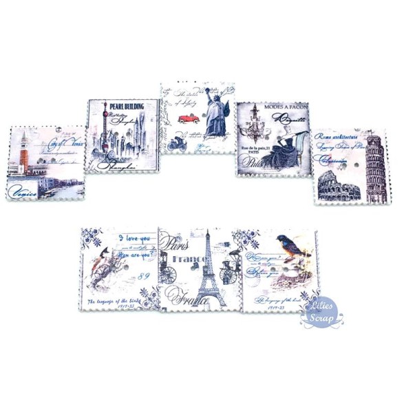 8 Boutons timbres vintage en bois Tour Eiffel France Rome, mode 3,3 cm - Photo n°3