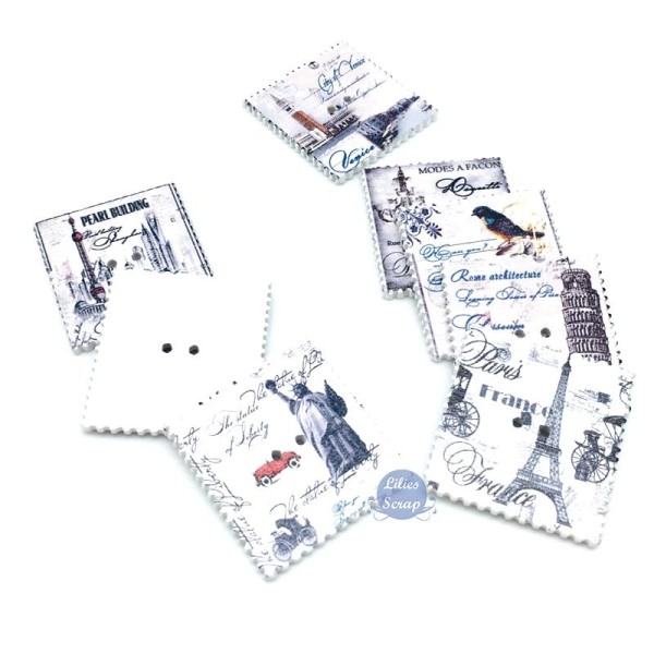 8 Boutons timbres vintage en bois Tour Eiffel France Rome, mode 3,3 cm - Photo n°1