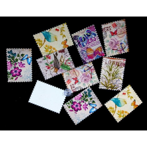 8 Boutons timbres vintage en bois fleurs oiseaux 4 cm - sans trous - Photo n°1