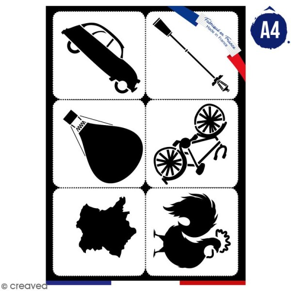 Planche de pochoirs multiusage A4 - Collection Cocorico - Emblèmes de la France - 6 Motifs - Photo n°1