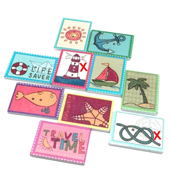 8 Boutons plage, vacances, mer en forme de timbres poste 3,4 cm - 2 trous - Photo n°1