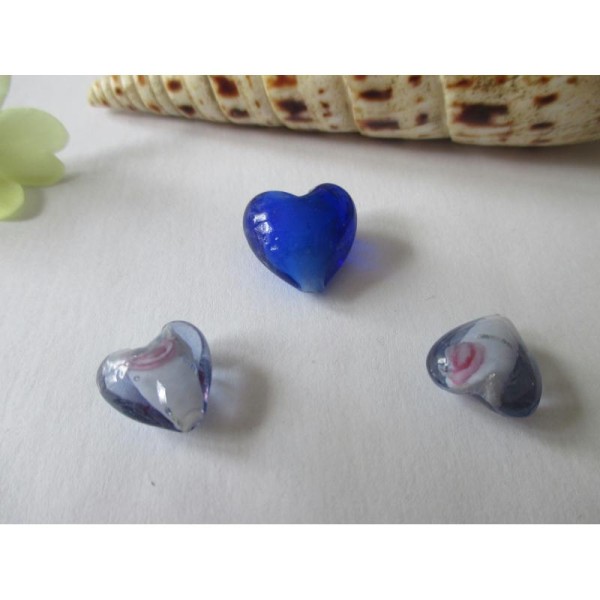 Lot de 3 perles de murano coeur bleu - Photo n°1