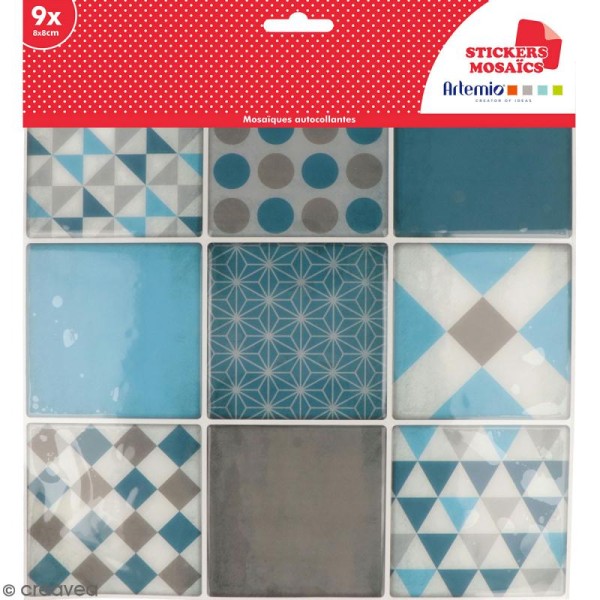 Stickers carreaux de ciment - 8 x 8 cm - Bleu - 9 pcs - Photo n°1