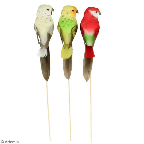 Oiseaux colorés décoratifs à piquer - Plumes - Perruches - 3 pcs - Photo n°2