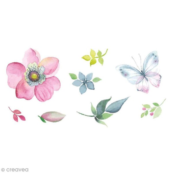 Sticker transfert thermocollant - Papillons et fleurs - 5 x 10 cm - 8 pcs - Photo n°1