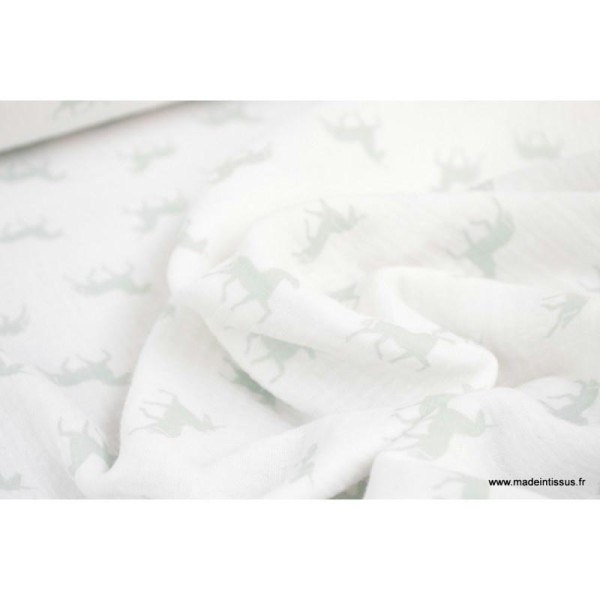 Tissu Tissu Double gaze Oeko tex imprimée licornes Menthe sur fond blanc x1m - Photo n°4