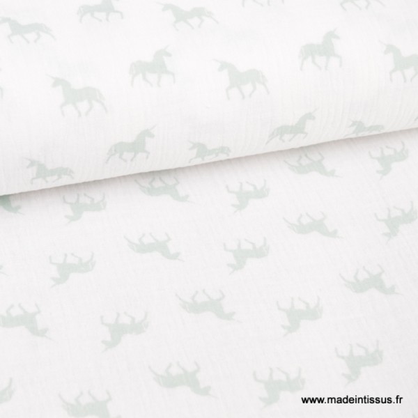 Tissu Tissu Double gaze Oeko tex imprimée licornes Menthe sur fond blanc x1m - Photo n°1