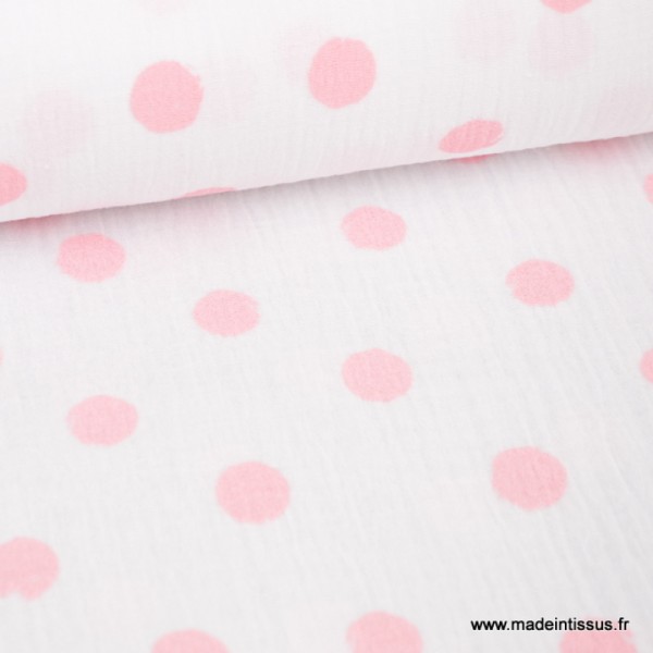 Tissu Double gaze Oeko tex imprimée pois roses sur fond blanc - Photo n°1