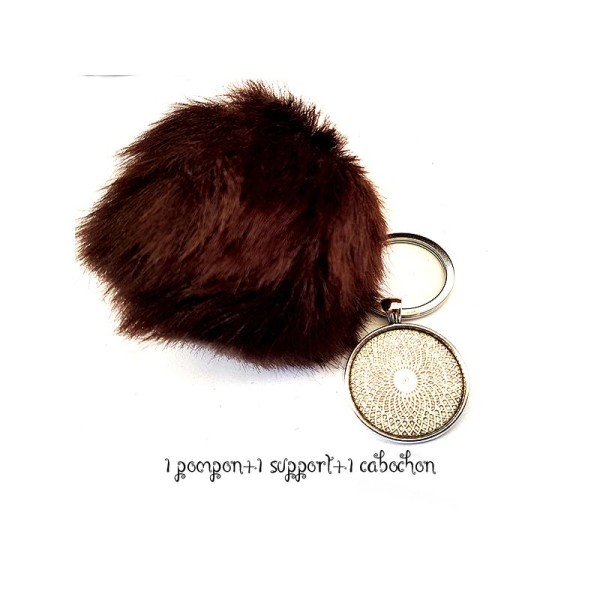 Kit Porte clés à décorer pompon inclus support pendentif et cabochon 30MM, couleur marron coco - Photo n°1