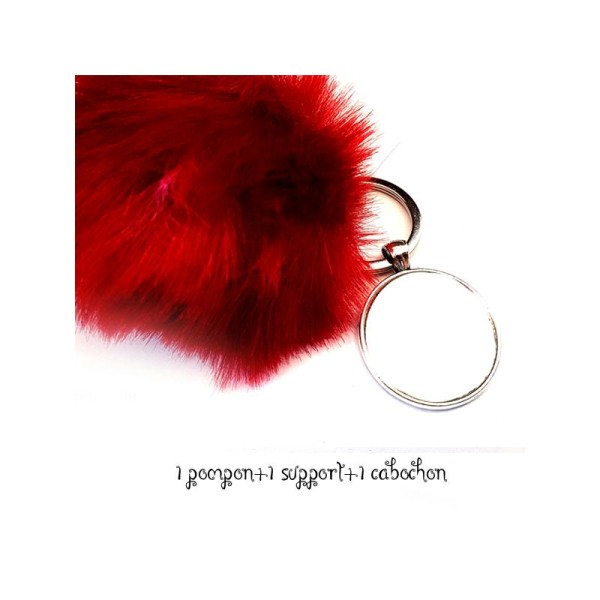 Kit Porte clés à décorer pompon inclus support pendentif et cabochon 30MM, couleur rouge bordeaux - Photo n°1