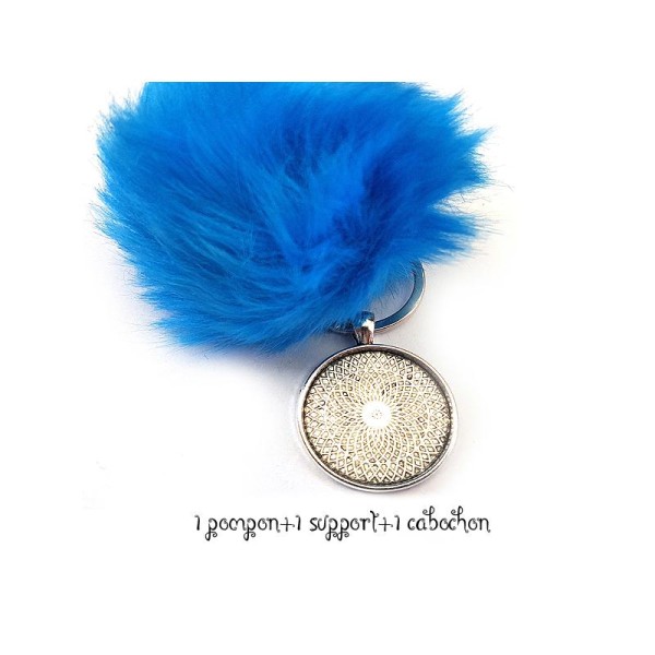 Kit Porte clés à décorer pompon inclus support pendentif et cabochon 30MM, couleur Bleu antartique - Photo n°1