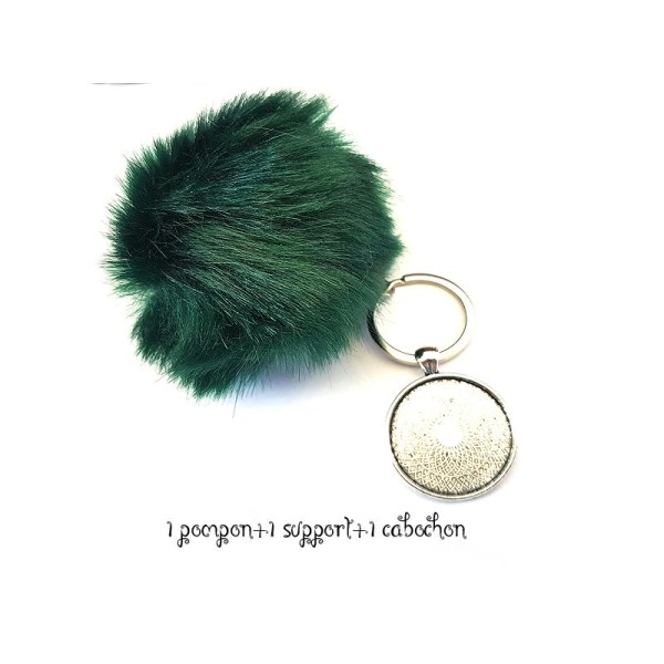 Kit Porte clés à décorer pompon inclus support pendentif et cabochon 30MM, couleur vert green - Photo n°1