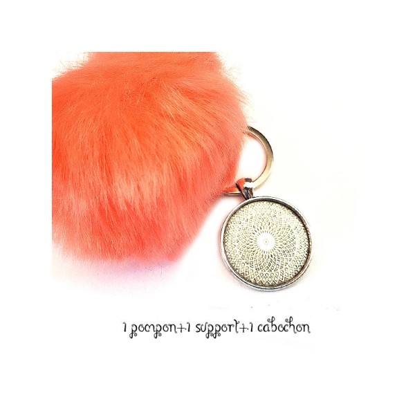 Kit Porte clés à décorer pompon inclus support pendentif et cabochon 30MM, couleur orange, corail - Photo n°1