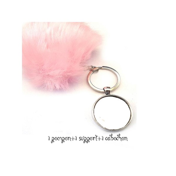 Kit Porte clés à décorer pompon inclus support pendentif et cabochon 30MM, couleur rose clair - Photo n°1