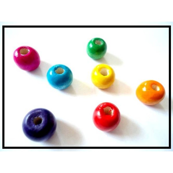 Lot de 100 Perles en bois 10 MM RONDES colorées - Photo n°1