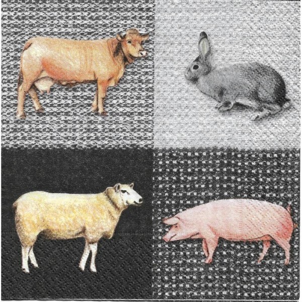 4 Serviettes en papier Vache Lapin Mouton Cochon Format Lunch - Photo n°1