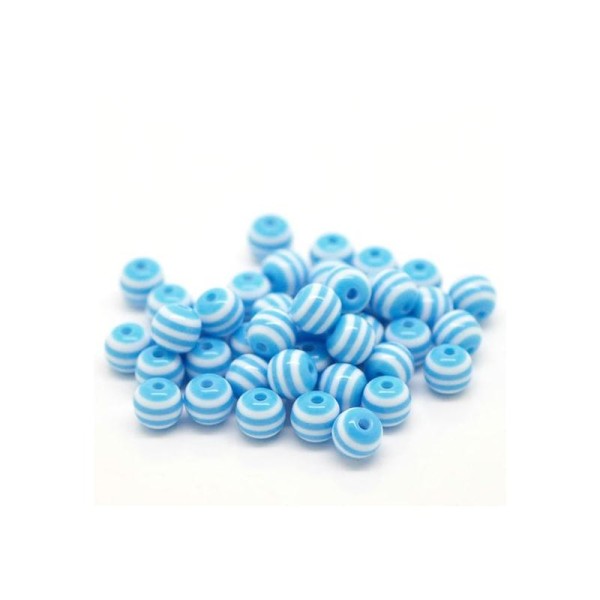30 Perles Ronde Rayées 6mm en acrylique. Couleur turquoise, perle rayée - Photo n°1
