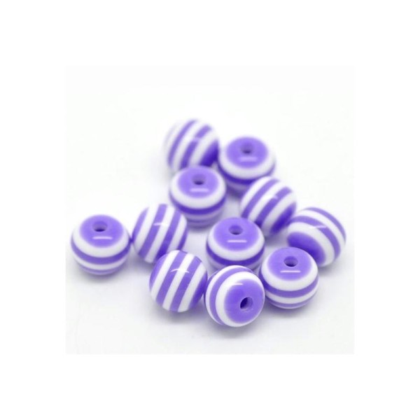 30 Perles Ronde Rayées 6mm en acrylique. Couleur violet, perle rayée - Photo n°1