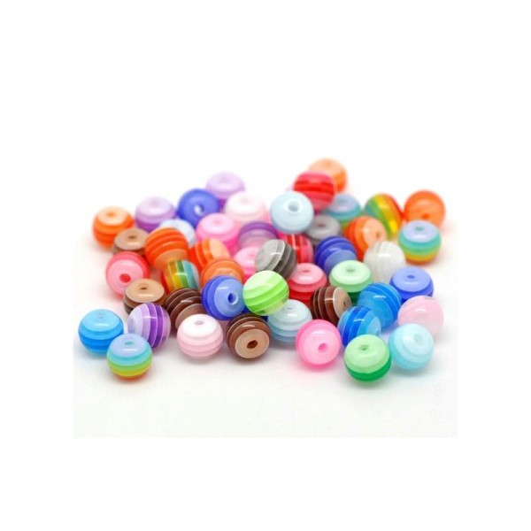 30 Perles Ronde Rayées Transparent 6mm en acrylique. Couleur mixte, perle rayée - Photo n°2