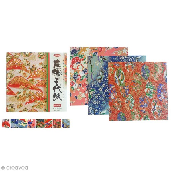 Papier Origami Japonais - 8 motifs traditionnels irisés - 15 x 15 cm - 8 feuilles - Photo n°1