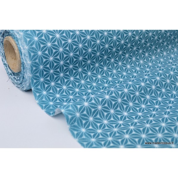 Tissu Cretonne coton pétrole et blanc imprimé tendance japonaise - Photo n°2