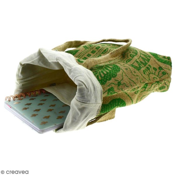 Tote bag en jute naturelle - Polynésien - Vert clair - 28 x 33 cm - Photo n°2