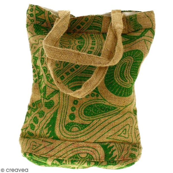 Tote bag en jute naturelle - Polynésien - Vert clair - 28 x 33 cm - Photo n°3