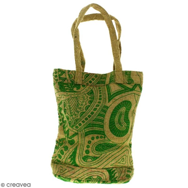 Tote bag en jute naturelle - Polynésien - Vert clair - 28 x 33 cm - Photo n°1