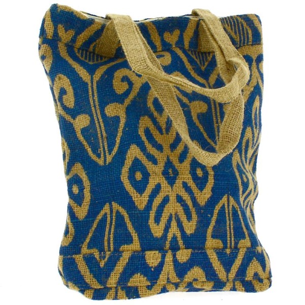 Tote bag en jute naturelle - Polynésien (grands motifs) - Bleu - 28 x 33 cm - Photo n°3