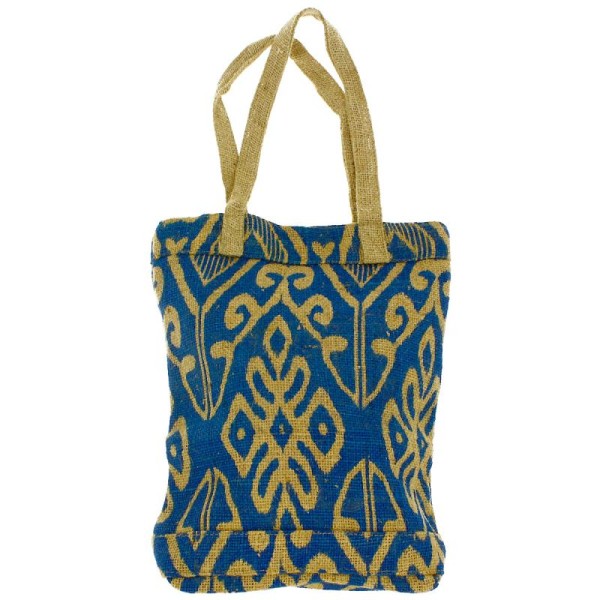 Tote bag en jute naturelle - Polynésien (grands motifs) - Bleu - 28 x 33 cm - Photo n°1