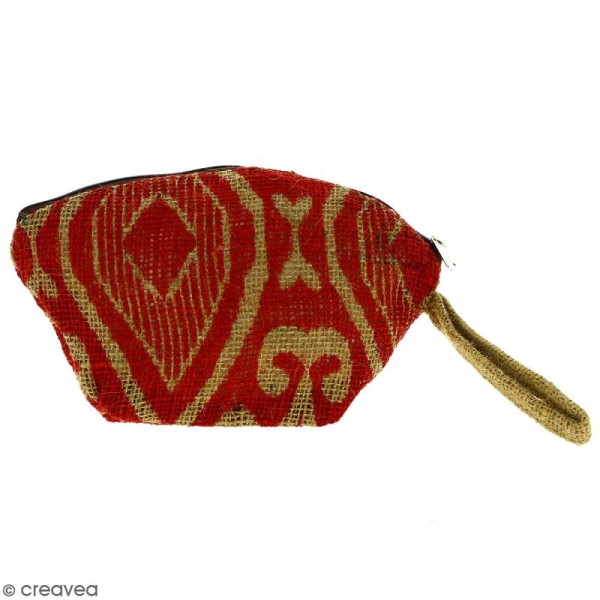 Pochette ovale en jute naturelle - Polynésien (grands motifs) - Rouge foncé - 24 x 16 cm - Photo n°1