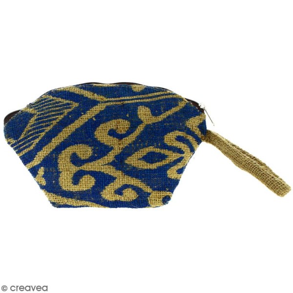 Pochette ovale en jute naturelle - Polynésien (grands motifs) - Bleu - 24 x 16 cm - Photo n°1