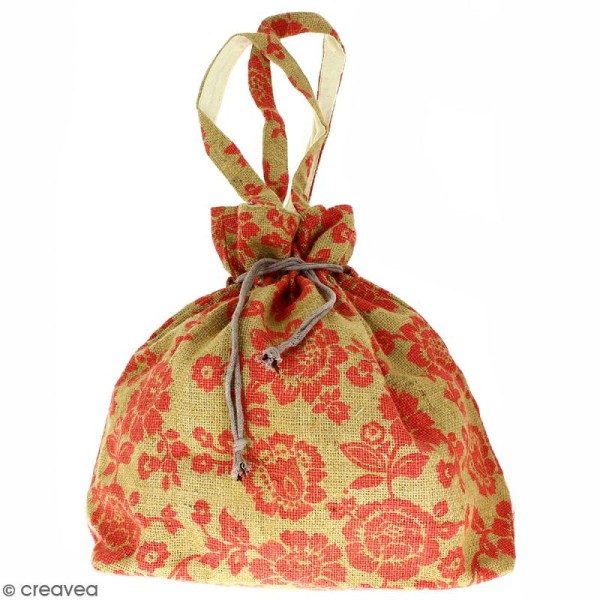 Grand sac seau en jute naturelle - Fleurs - Rouge framboise - 43 x 45 cm - Photo n°1
